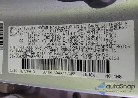 2007 Toyota Tacoma Prerunner V6 из США, поврежденный, VIN 3TMJU62N97M039584